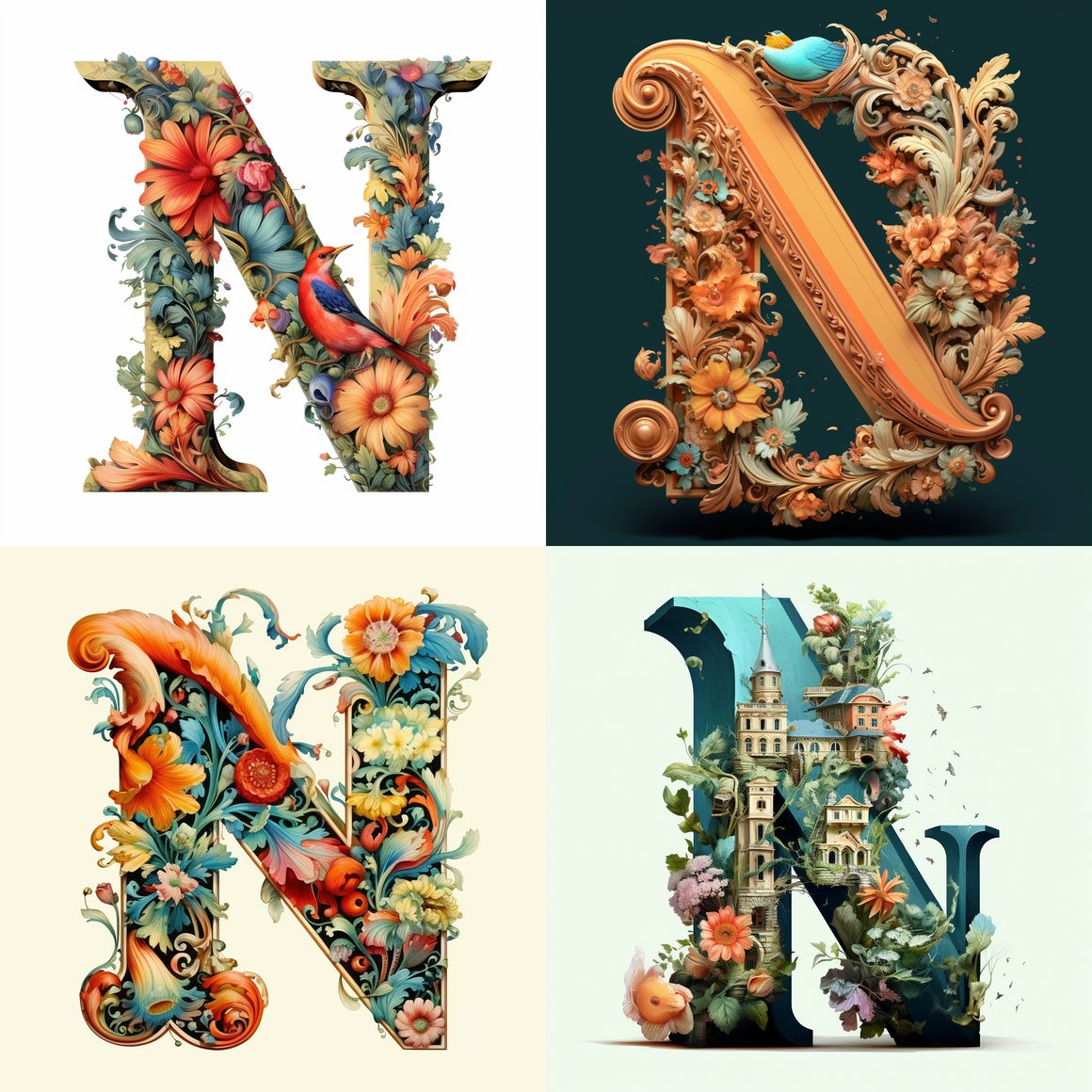 Artful Floral Typography of Capital Letter 'N'