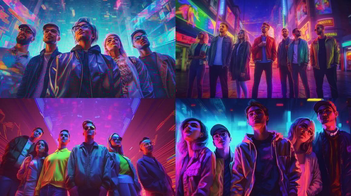 Neon Adventure: Mid-Journey Group Snapshot in HD