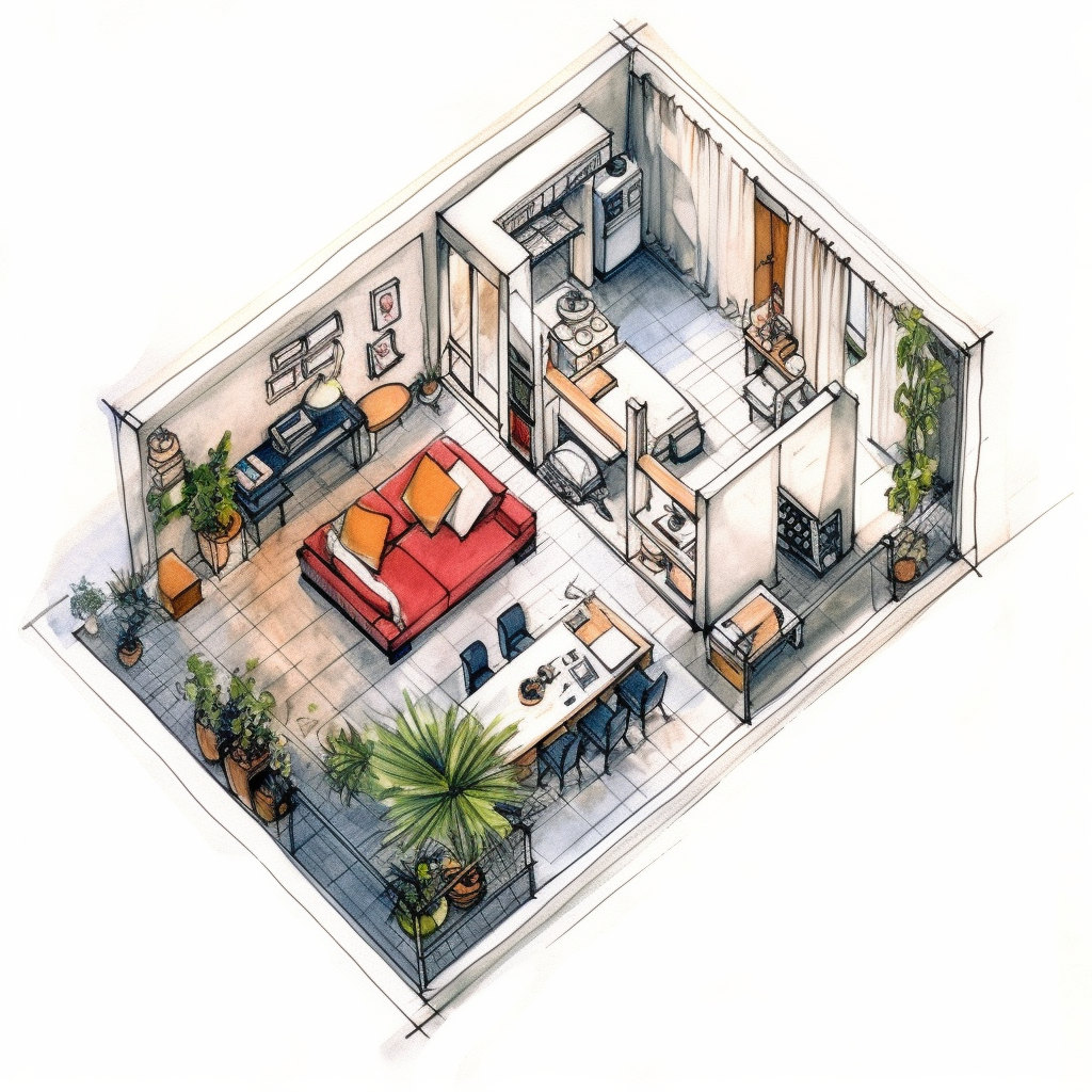 Midway Sketch of Apartment Floor Plan with Detailed Furniture Layout