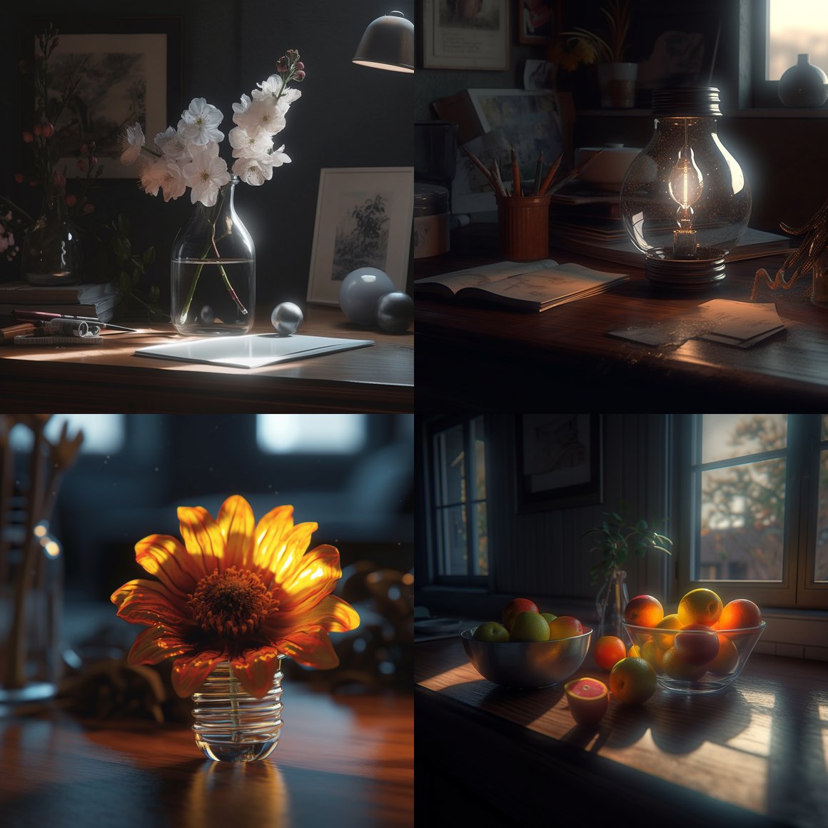 Detailed Hyperrealistic Still Life with Gardenias and Fruit