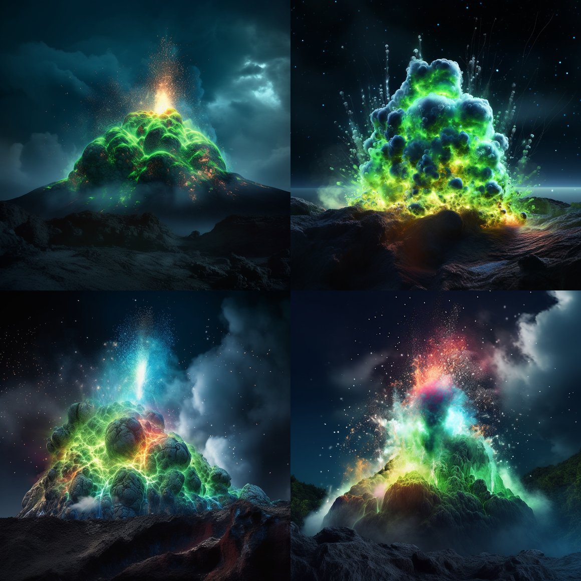Neon Eruptions: A Hyperrealistic Nighttime Journey