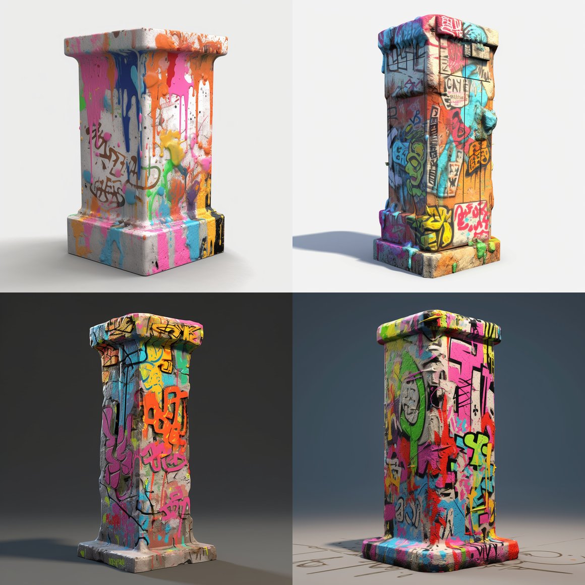 Urban Artistry: Graffiti-Infused Statue Pedestal 3D Model