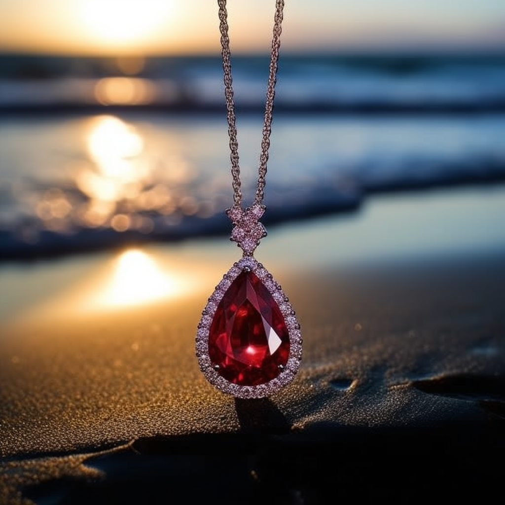 Aromatic Ruby Necklace against a Sunset Beach Backdrop