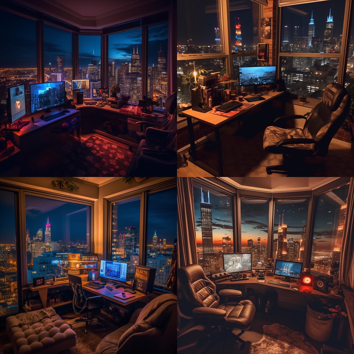 Midnight Gaming Session with a Chicago Skyline View