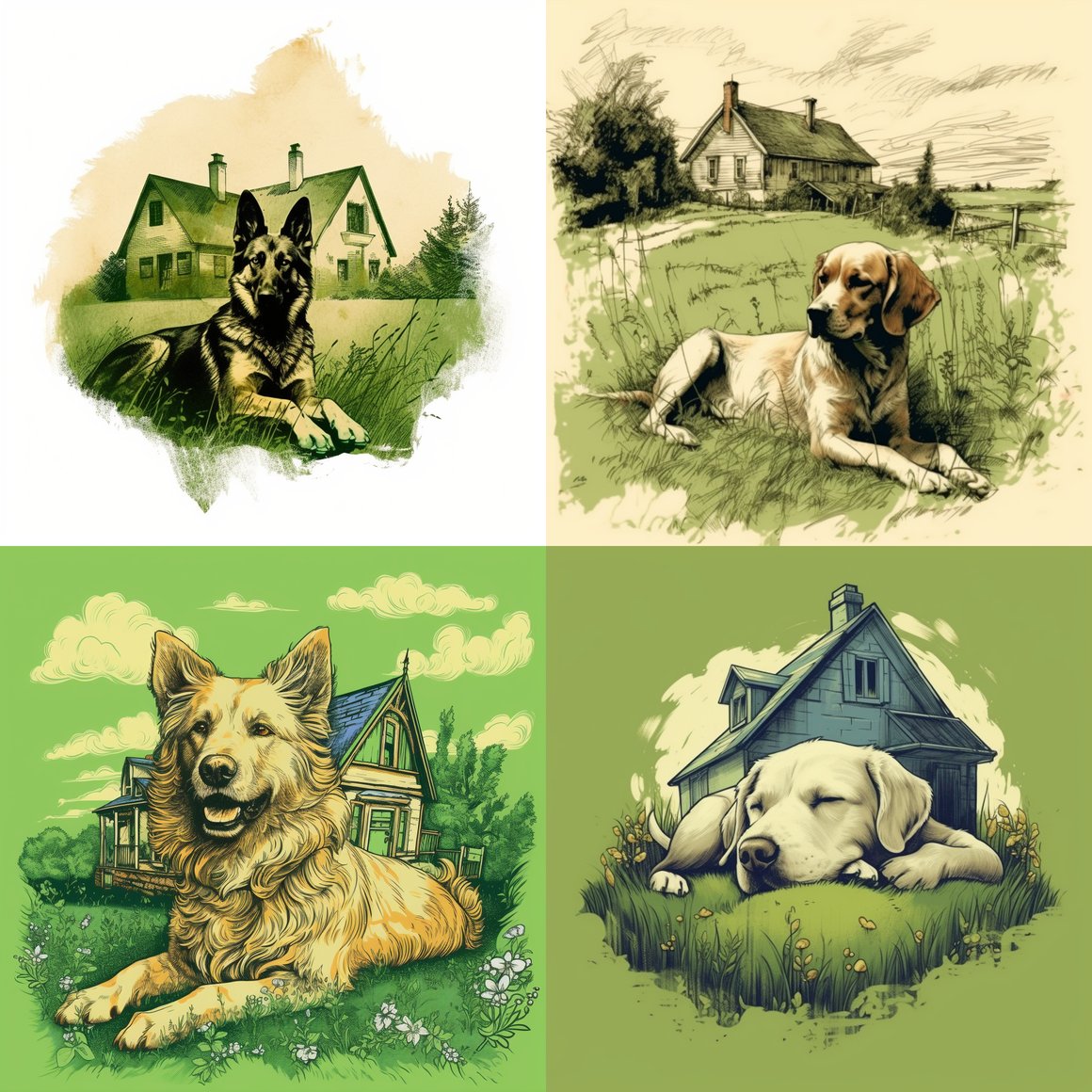 Hand-Sketched Pastoral Dog Repose