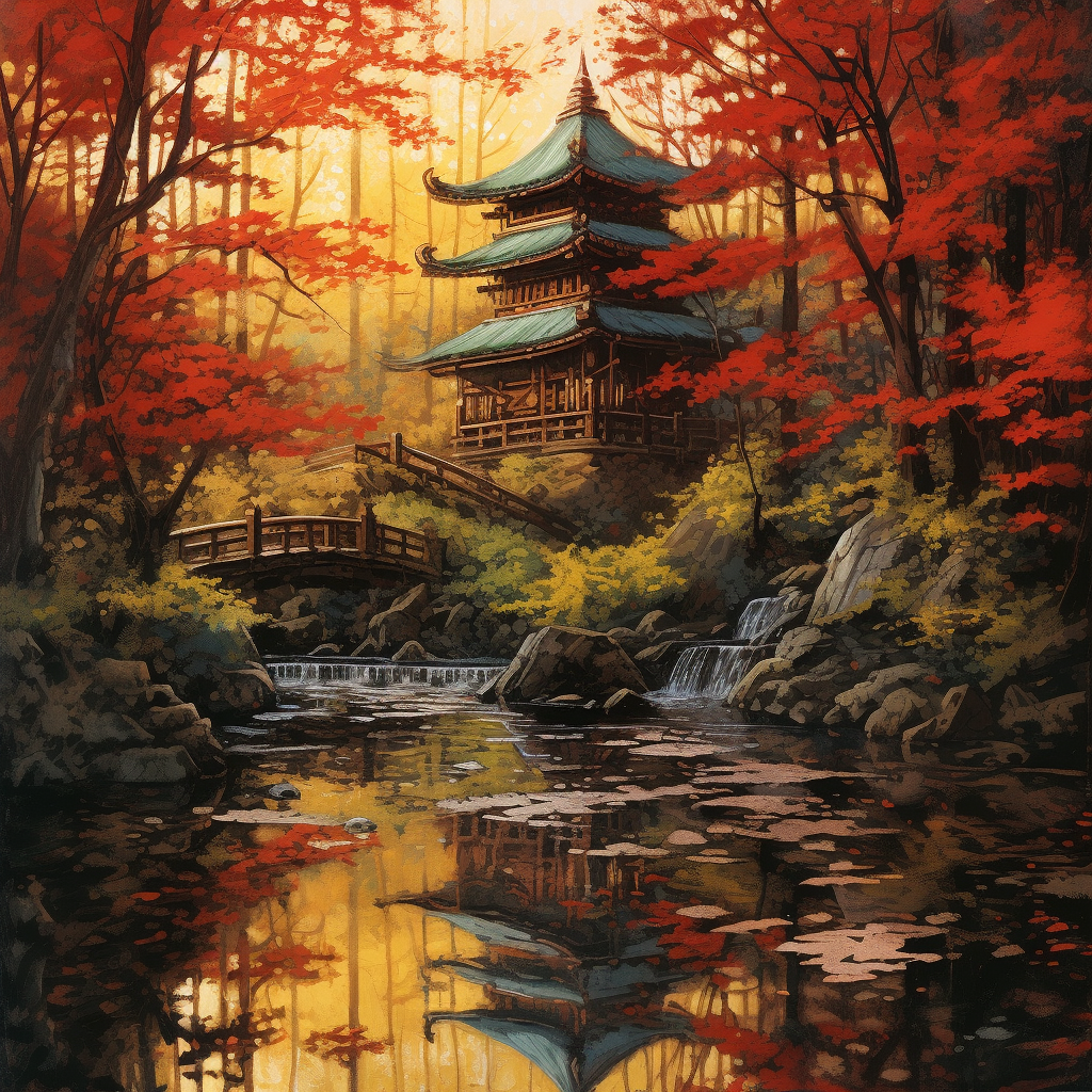 Retro Japanese Culture Structure Painting in Forest Creek - Version 5