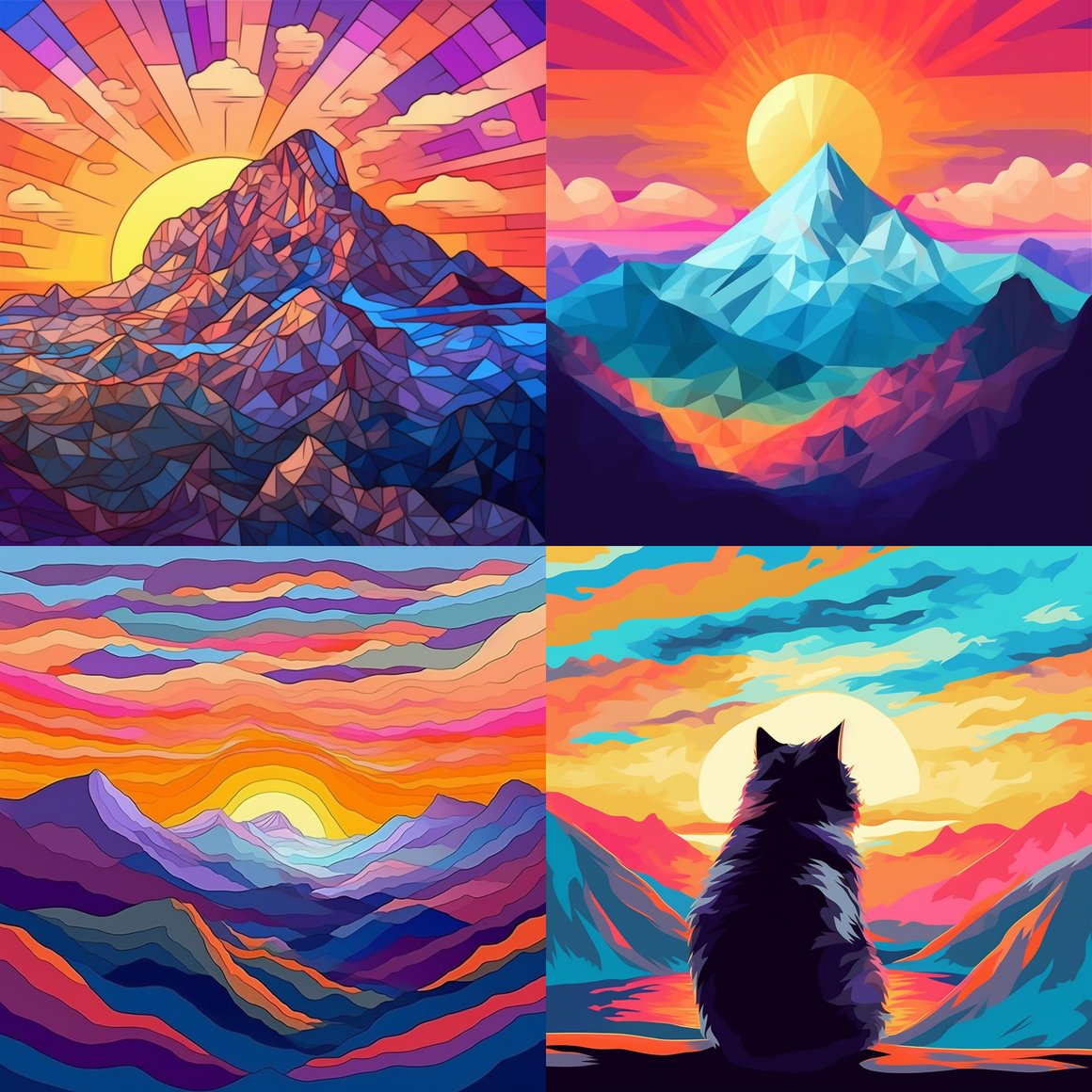 Sunrise Mountain Landscape & Cute Cat Pixel Coloring Activity