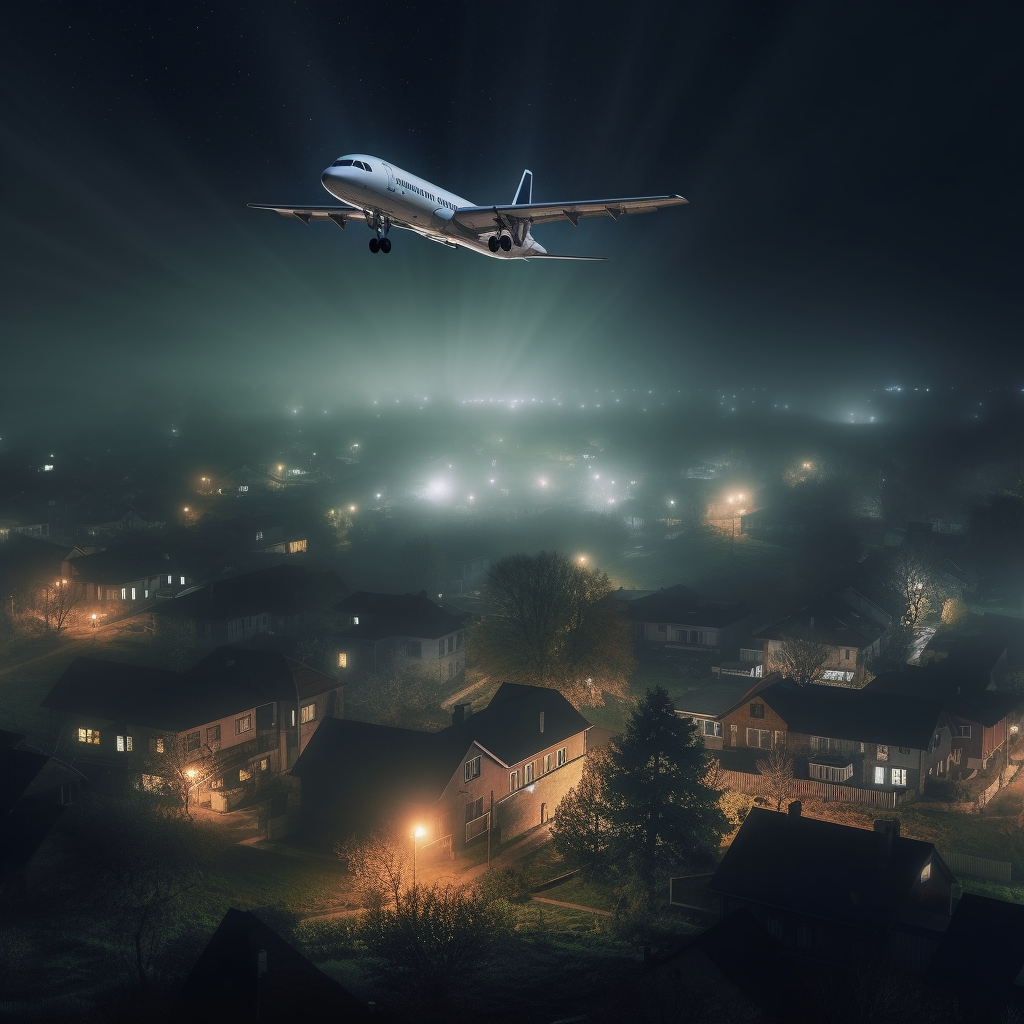 Midnight Flight Over Foggy Cityscape - Photorealistic Digital Art
