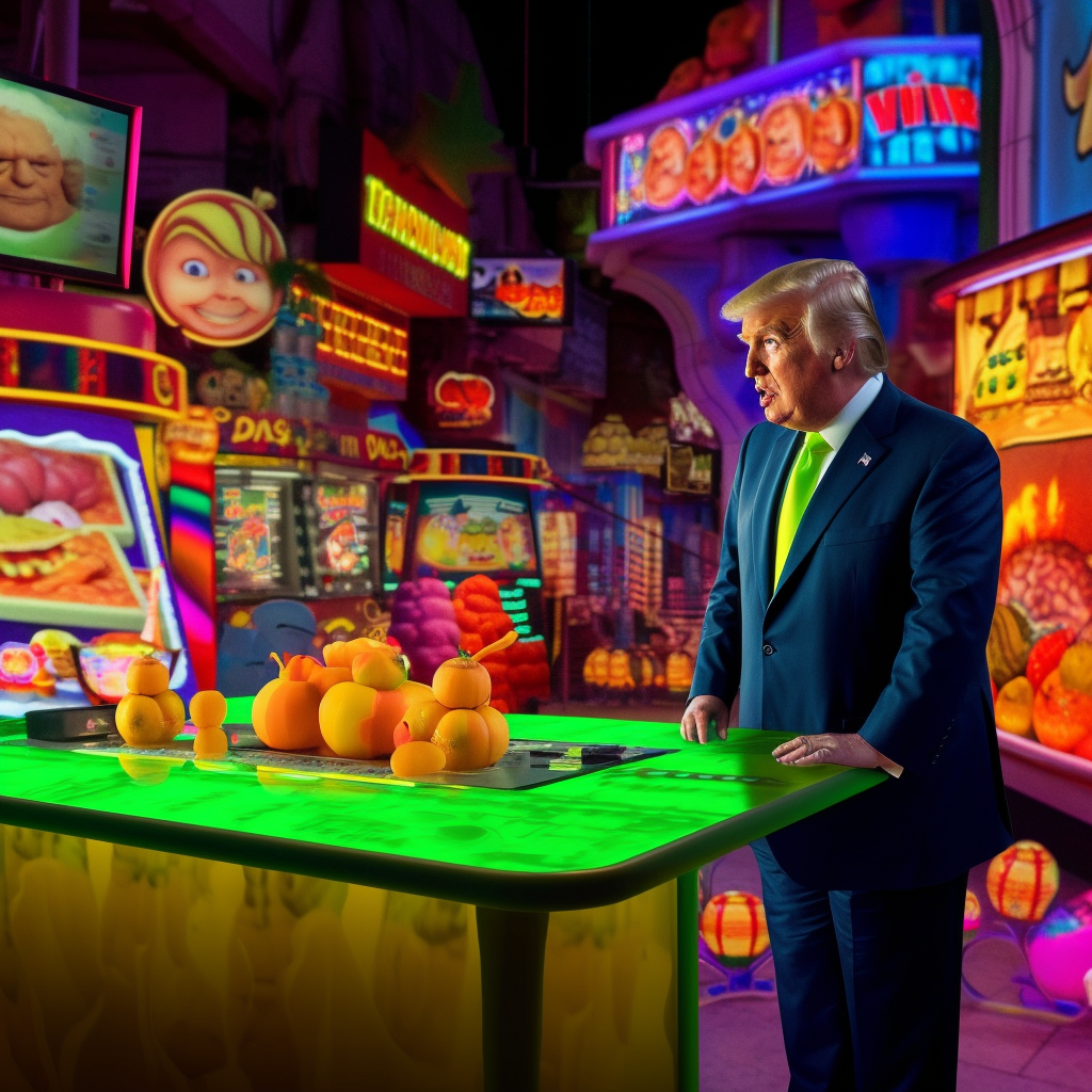 Neon Fruits Showdown: Burton's 8K Midway with Trump