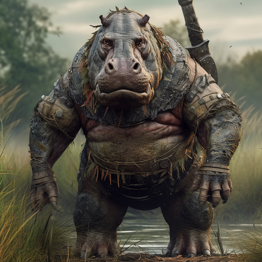 Armored Titan: Portrait of a Warrior Hippo in Wilderness