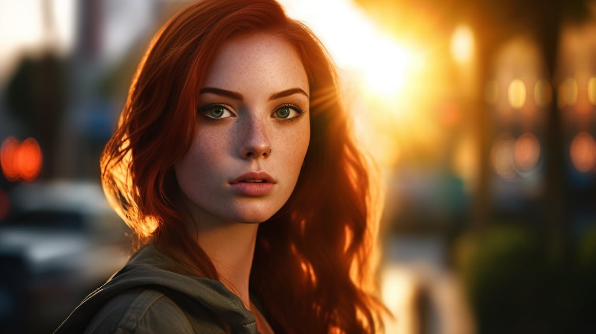 Detailed Cinematic Portrait of a Red-haired Woman in an Urban Environment