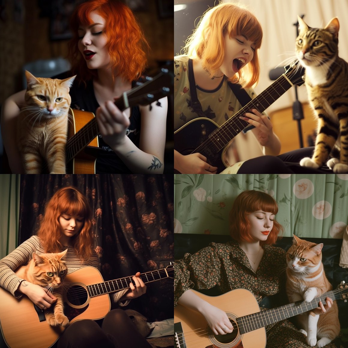 Harmony Fusion: Woman with Guitar and Speckled Cats