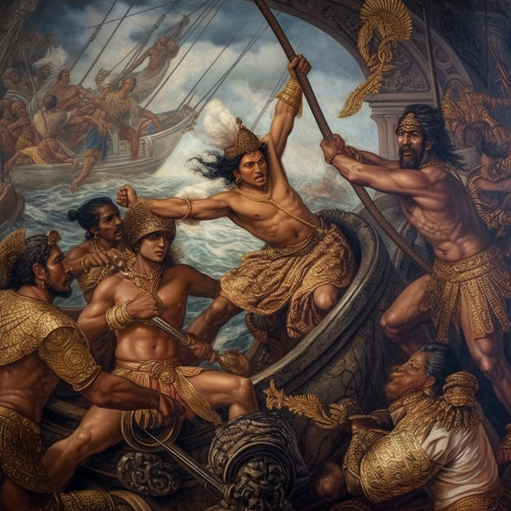 Chola and Khmer Warriors in the Srivijaya Conflict - A Historical East Asian Painting