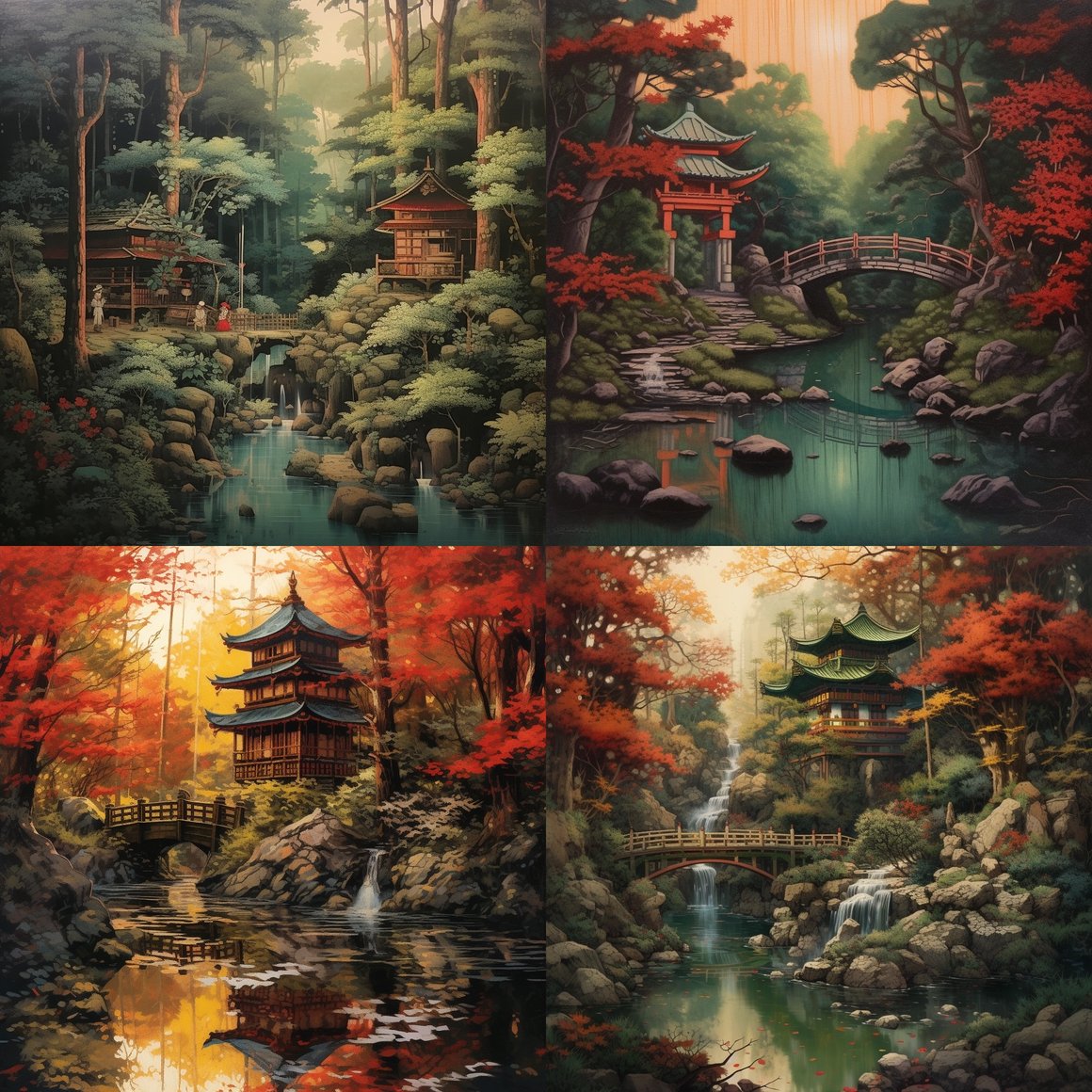 Retro Japanese Culture Structure Painting in Forest Creek - Version 5