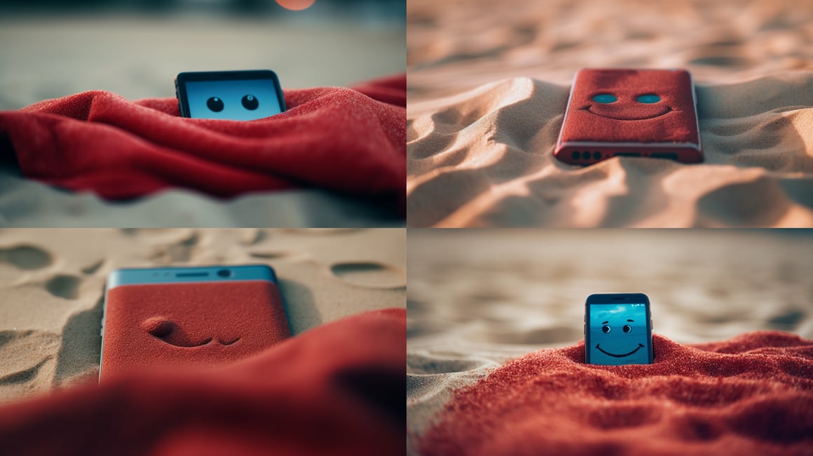 Summer Beach Vibes: Smiling Smartphone on a Red Blanket