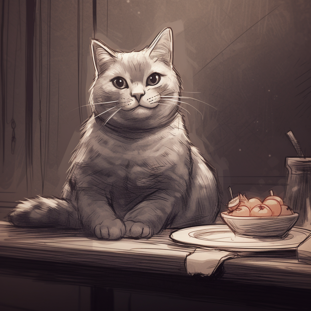 Happy Cat with Grilled Chicken: Mid-Journey Drawing