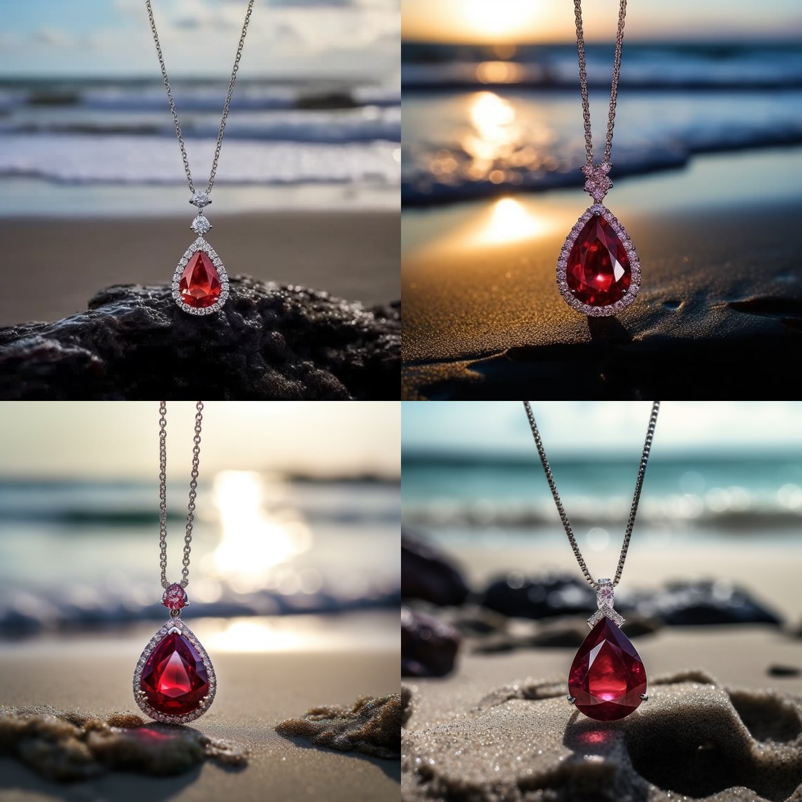 Aromatic Ruby Necklace against a Sunset Beach Backdrop