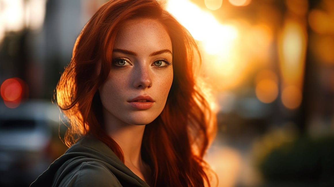 Detailed Cinematic Portrait of a Red-haired Woman in an Urban Environment