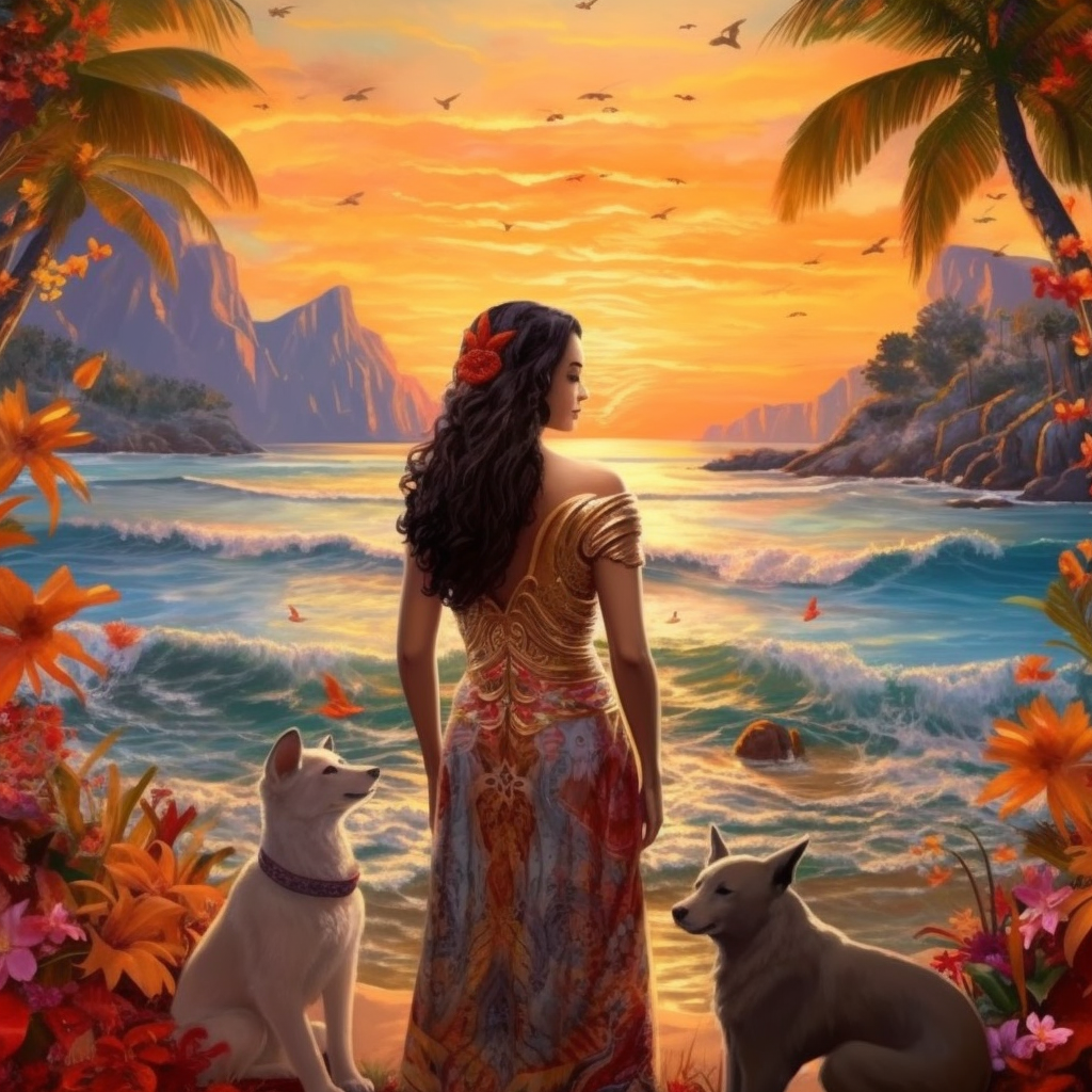A Tropical Vista of a Goddess and her Pomskies