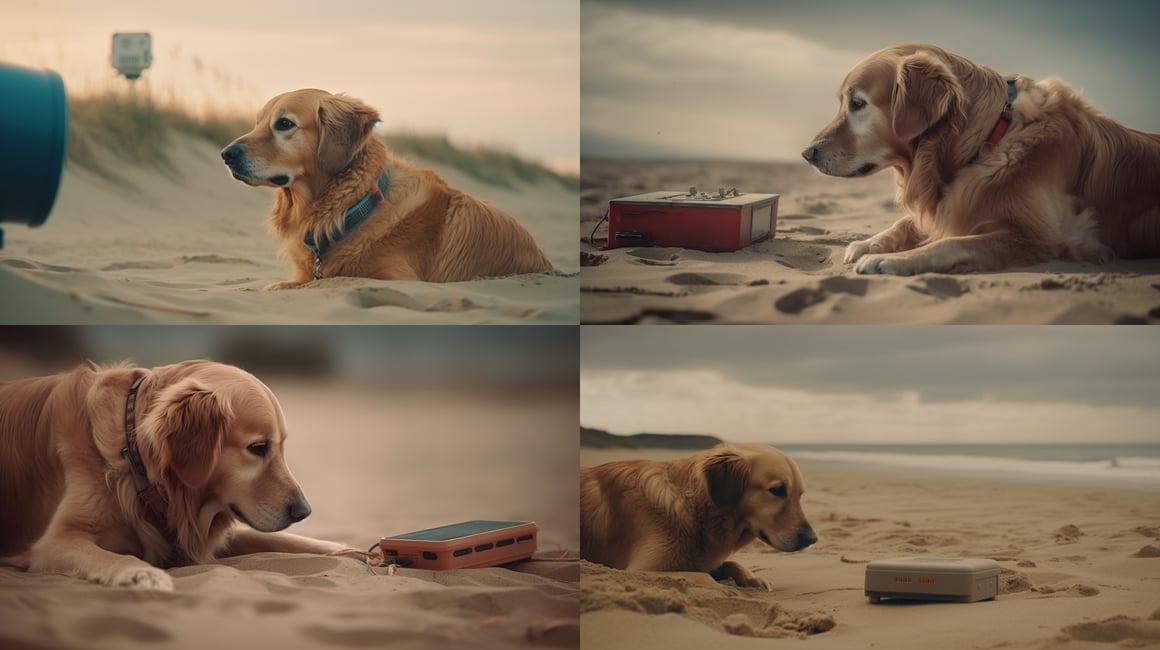 Summer's Virtual Companion - Beachside Golden Retriever Amidst Wi-Fi Signals
