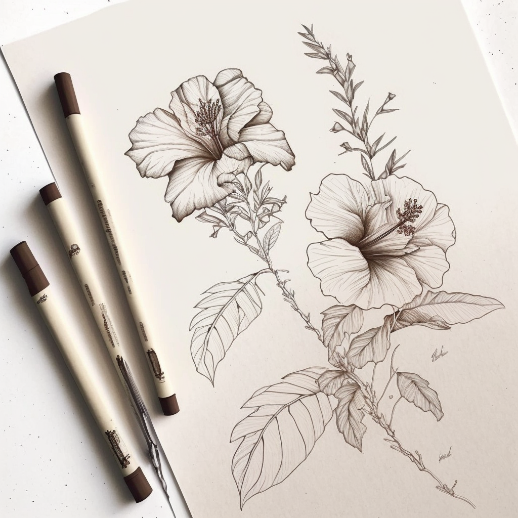 Classic Hibiscus Tattoo Sketch Mid-Journey