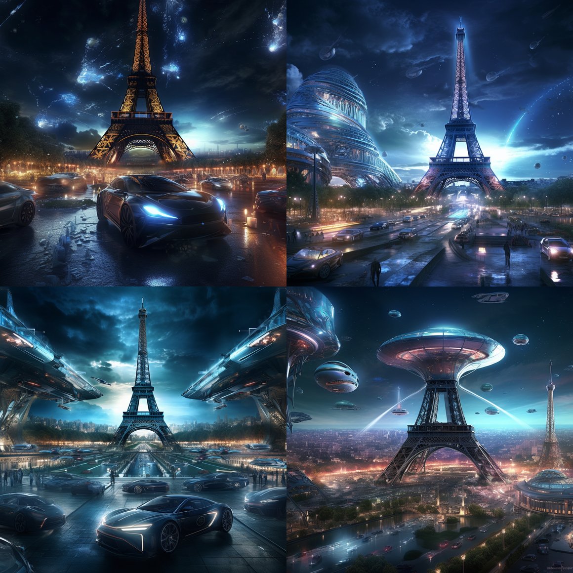Midnight Futurism: Eiffel Tower Amidst Flight v5.1