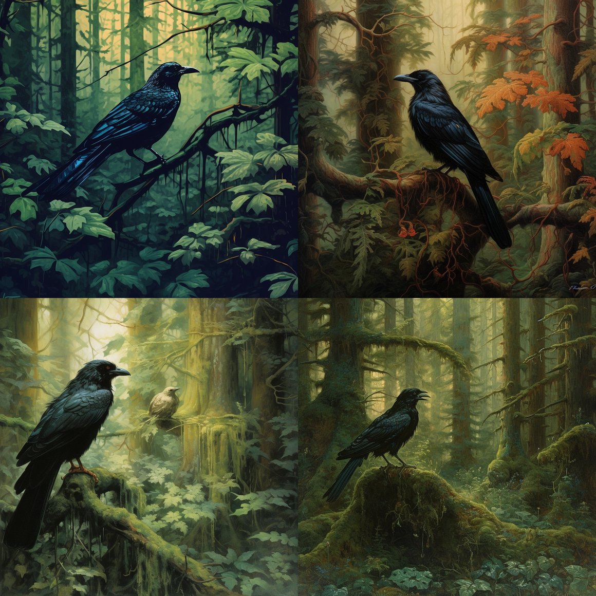 Hawk, Crow, and Hummingbird in a Verdant Forest Mid-Journey