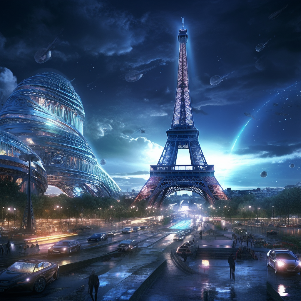 Midnight Futurism: Eiffel Tower Amidst Flight v5.1