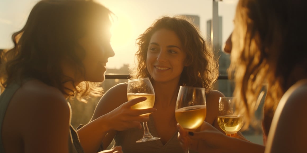 Cinematic Mid-Journey Screenshot from Mike White's 'Three Women Drinking Beer at an Urban Rooftop'
