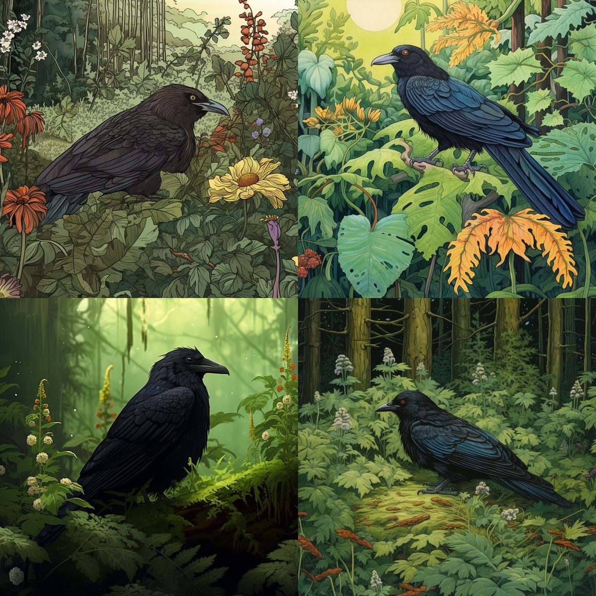 Hawk, Humble Crow, and Hummingbird in Verdant Forest Mid-journey Scene