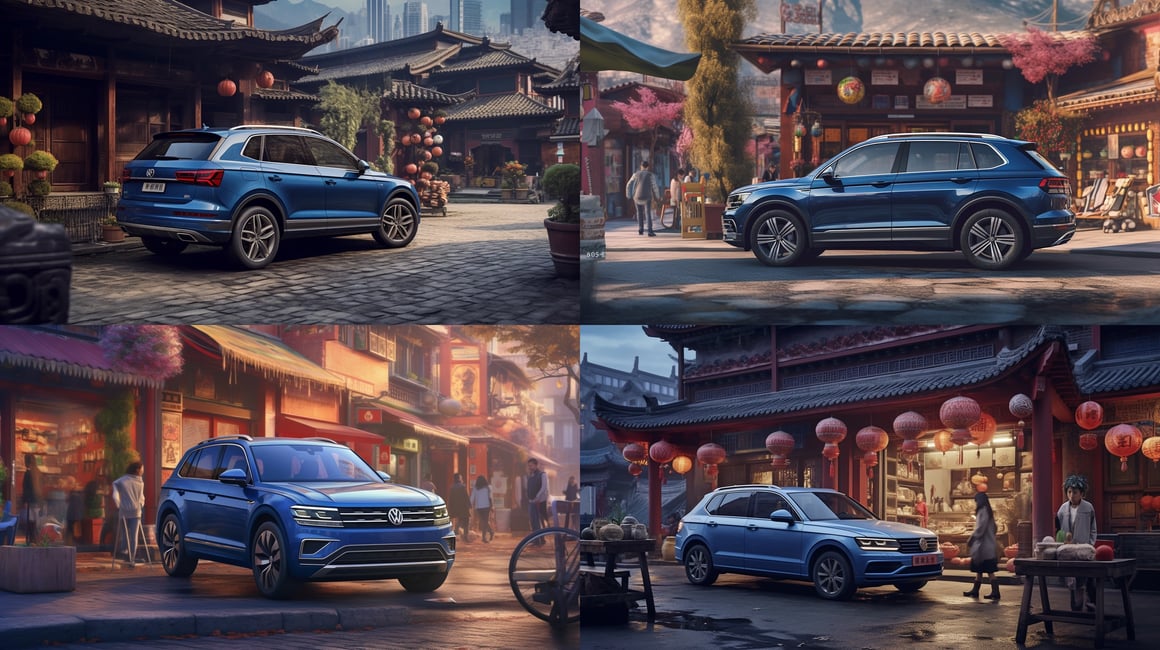 Cinematic Capture of 2023 Blue Volkswagen SUV THARU in Urban Chinese Market