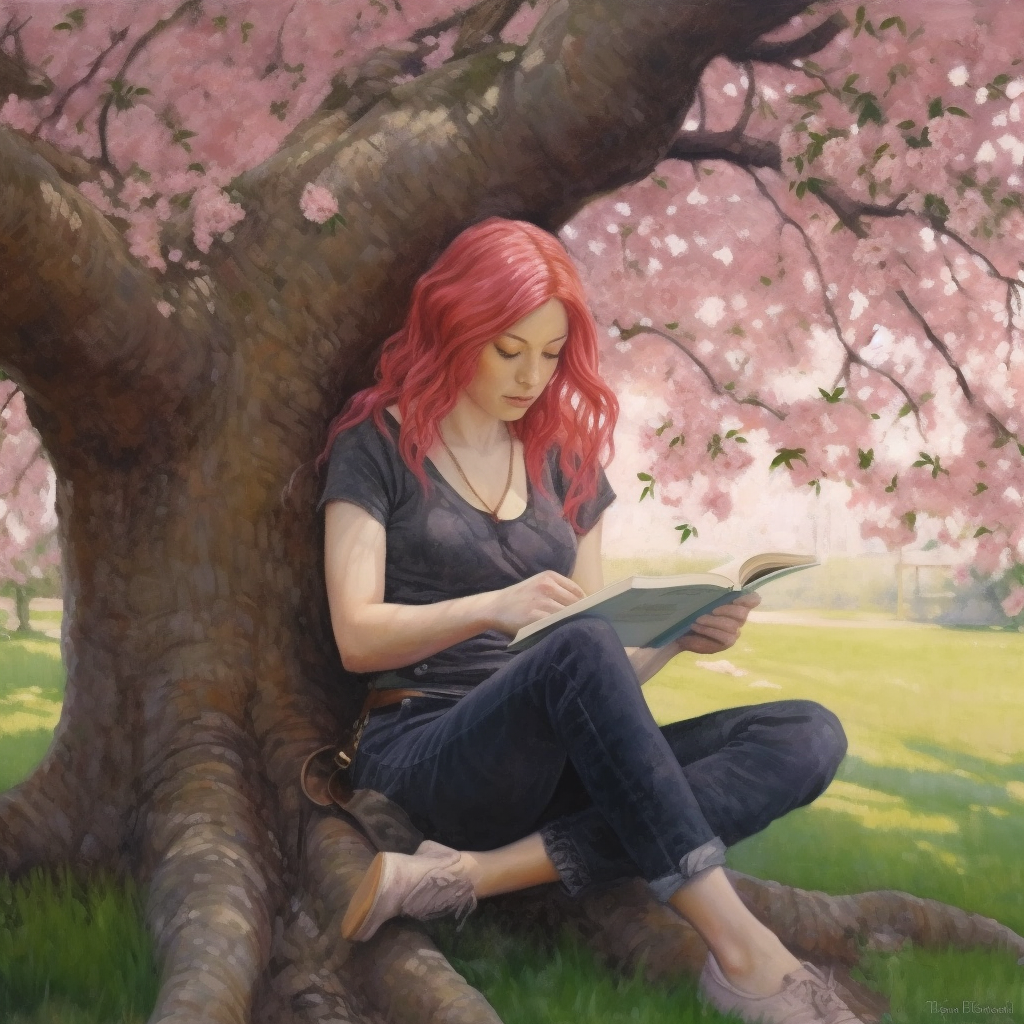 Midday Serenity: The Pink Haired Bookworm Under the Oak