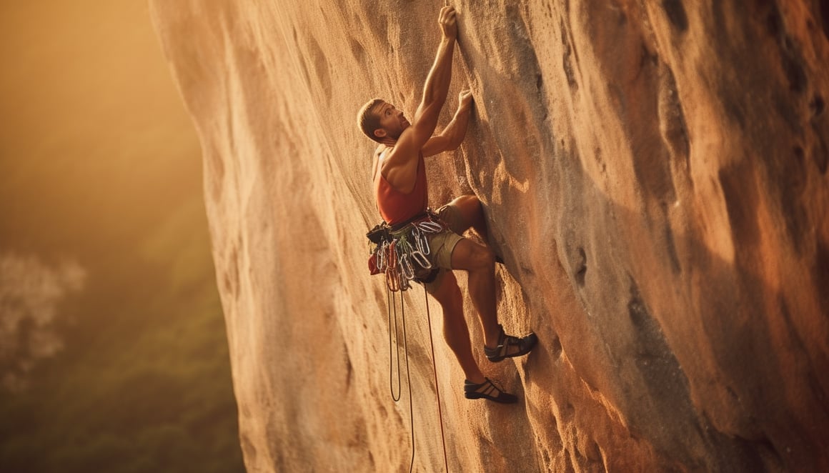 Summit Aspirations: A Climber's Effort in Golden Glow