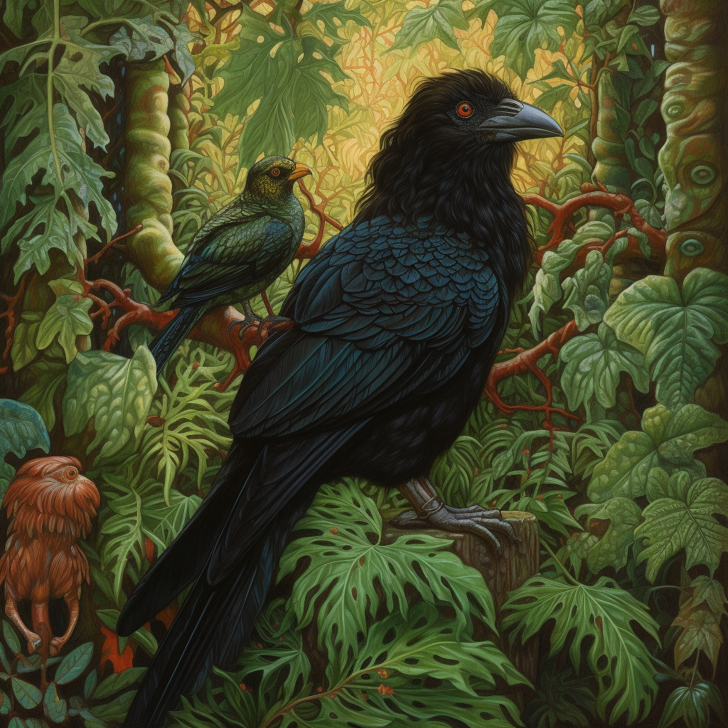 Hawk, Crow, and Hummingbird in a Verdant Forest Mid-Journey