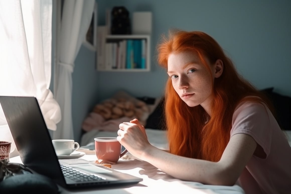 Sunlit Coding Session: Red-haired German IT Woman