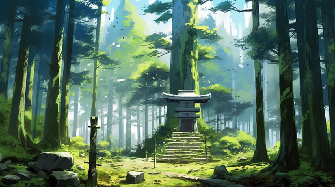 Summer Tranquility: A Mossy Shrine Amidst the Pines