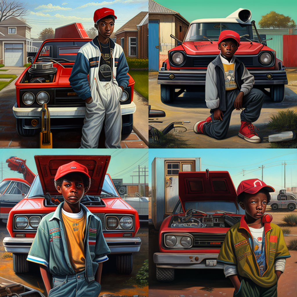 Suburban Odyssey: A Young Mechanic's Surrealist Portrait