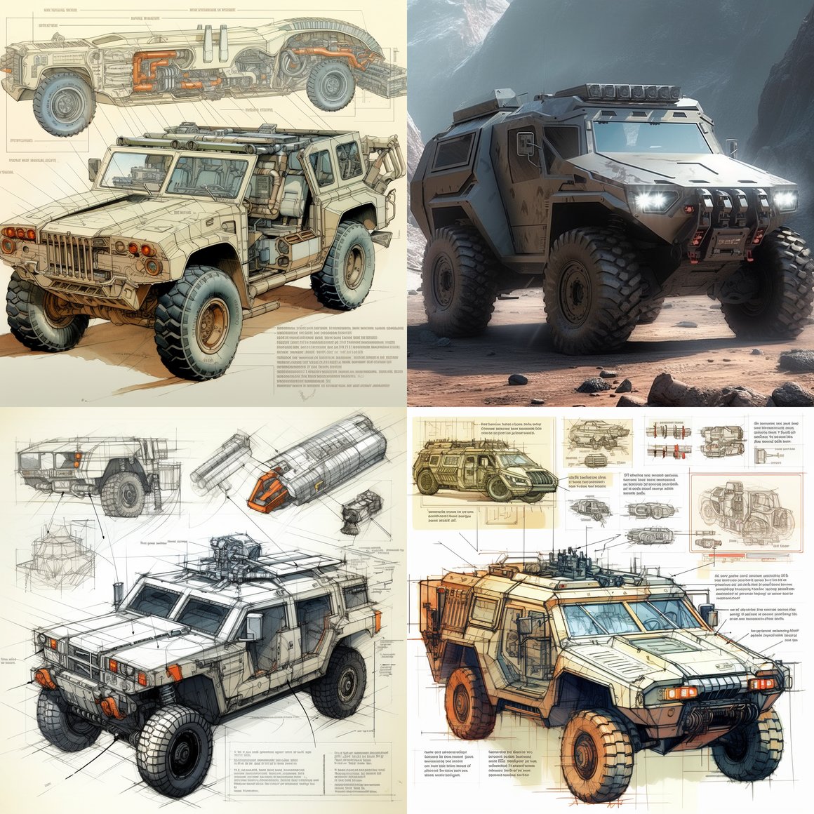 Mid-Travel Overview of Futuristic Humvee Design Drafts