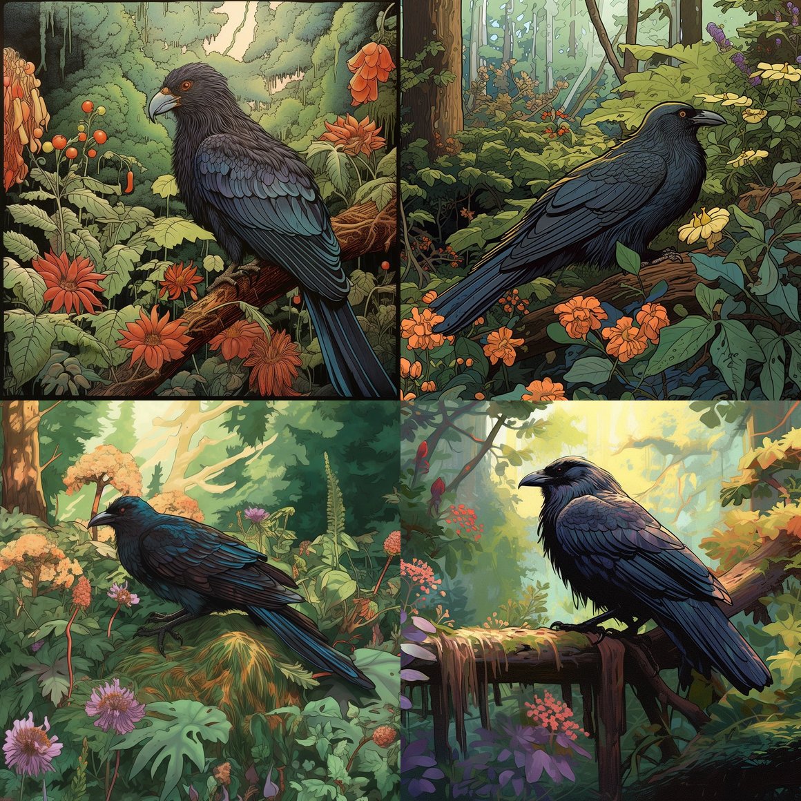 Hawk, Crow, and Hummingbird in Verdant Forest Mid-Journey Scenery