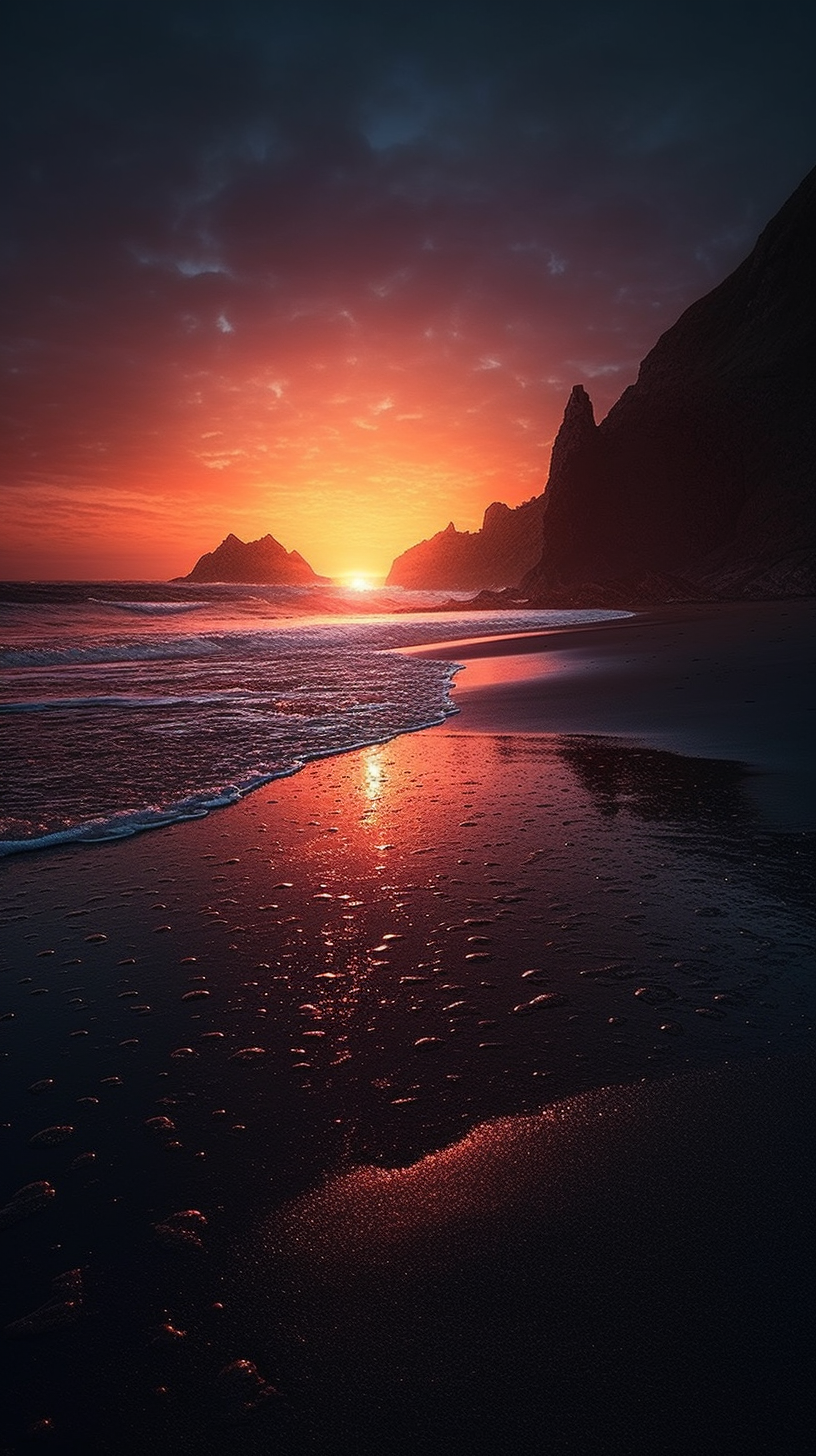 Cinematic Exploration of Hyper-Realistic Black Sand Beach Sunrise