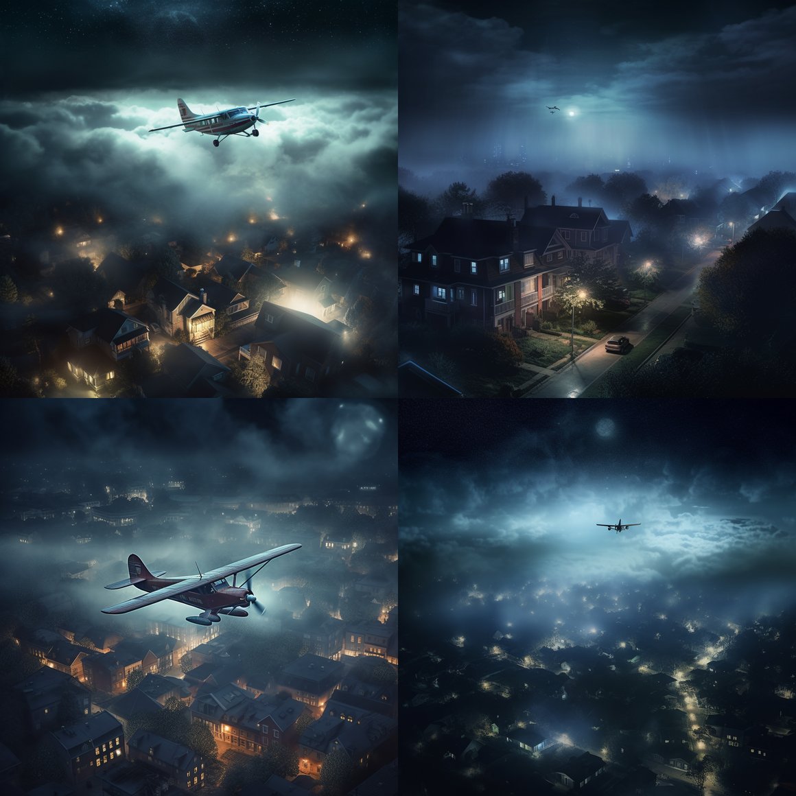 Midnight Flight Over Foggy Cityscape - Photorealistic Digital Art