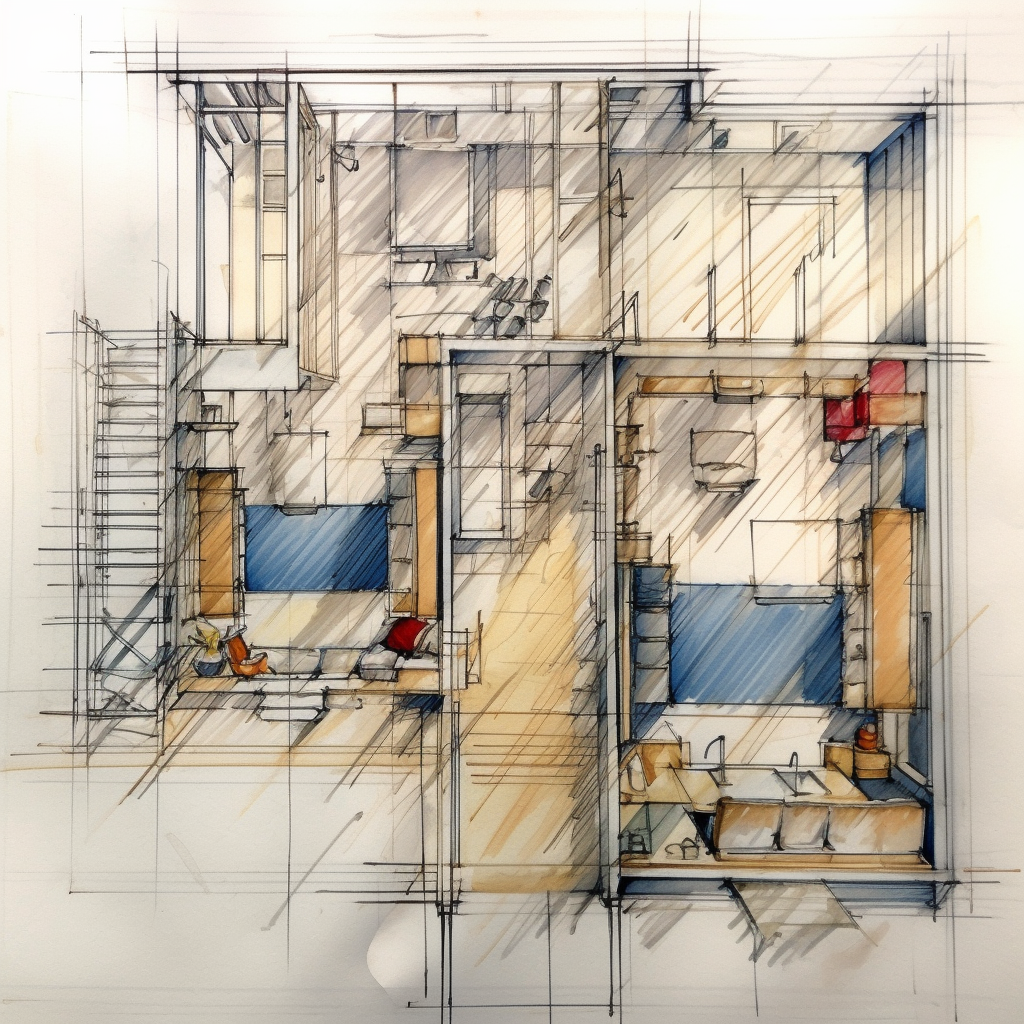 Midway Sketch of Apartment Floor Plan with Detailed Furniture Layout
