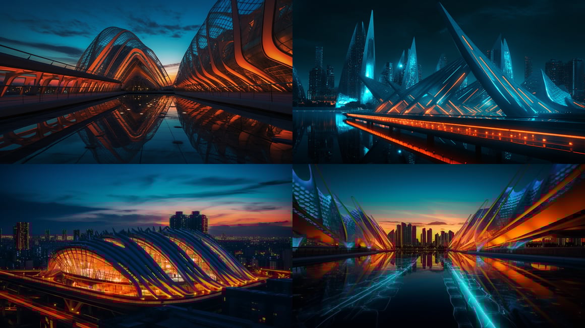 Neon Blue Edifice Against an Orange Sunset Sky