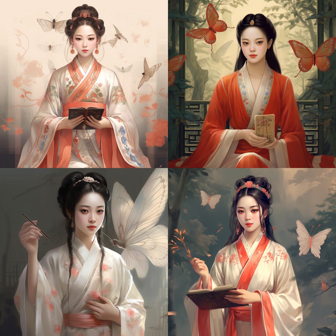 Classical Animation of Xue Baochai in Ancient Attire with Butterfly and Book