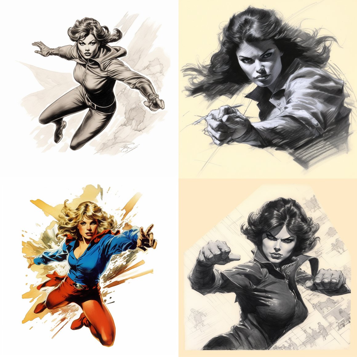 Neal Adams' Dynamic Illustration of a Female Superhero Mid-Battle