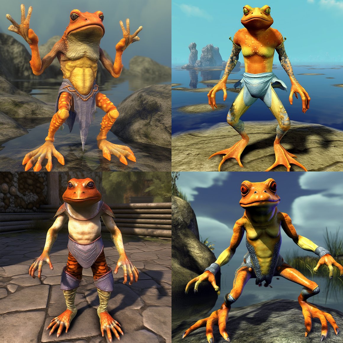 Mid-Adventure Depiction of an EverQuest 2 Froglok Male with Distinctive Orange Extremities