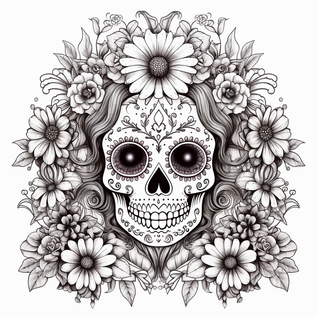 Sugar Skull and Marigold Floral Medley Coloring Page