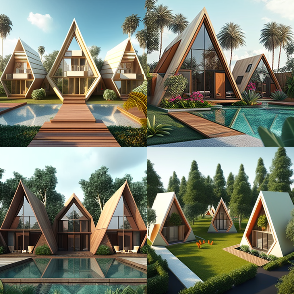 Designing Triangular Wooden House Complex with Private Gardens and Poolside Retreat