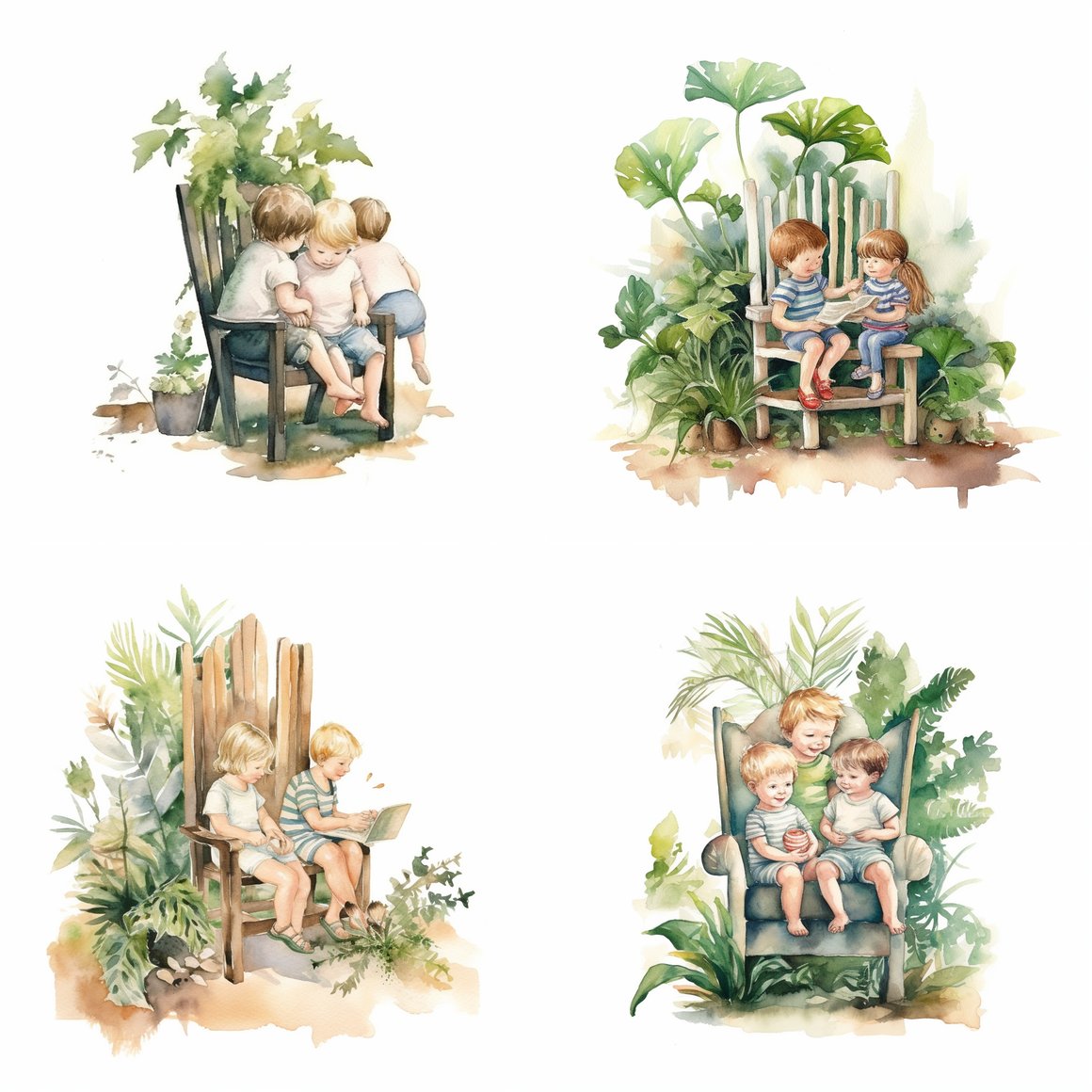 Children Interacting with Plant-Growing Chair Illustration