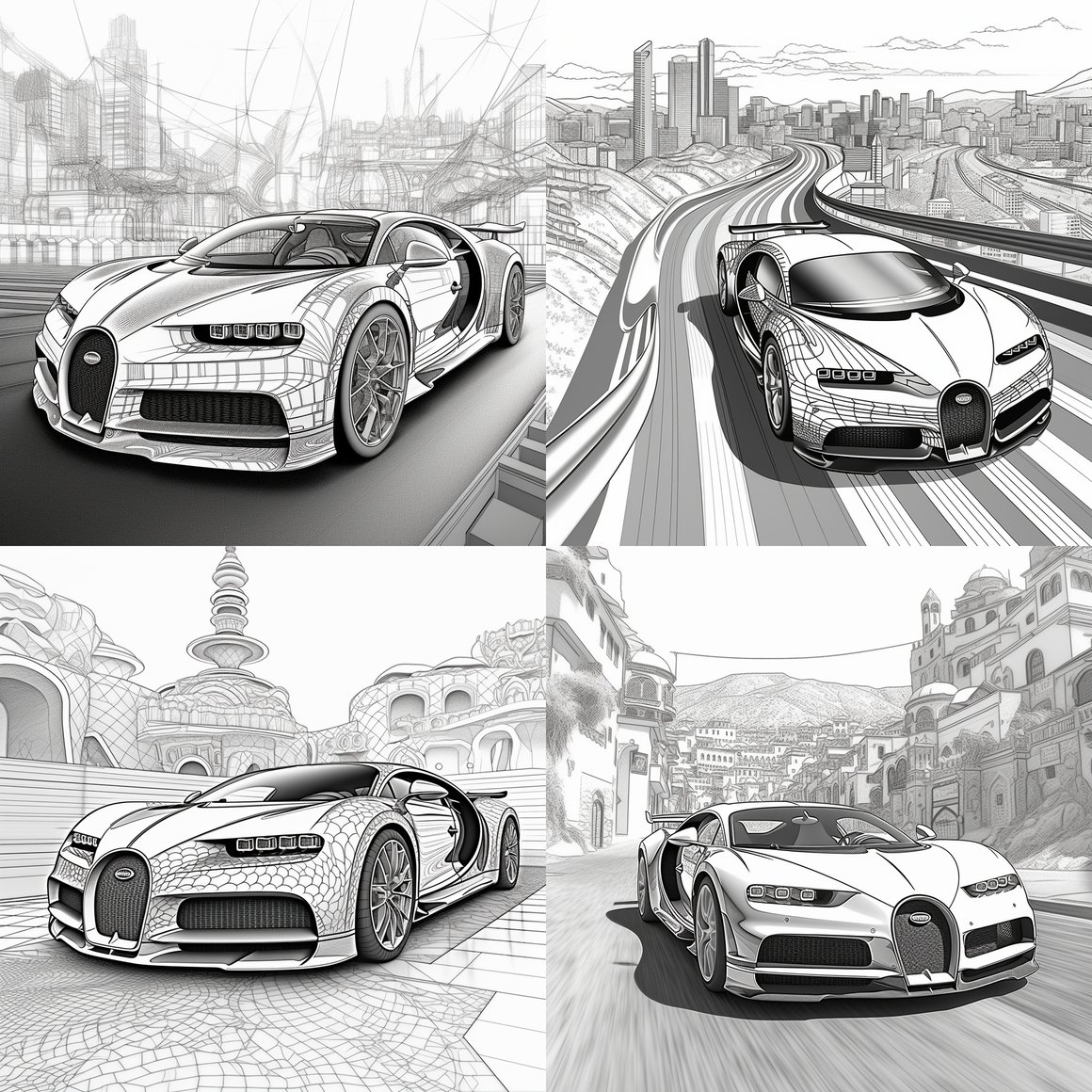 Detailed Bugatti Chiron Profilée Coloring Image Creation with Racing Track and American City Scape Backdrop